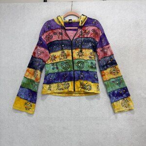 KPC Jacket Womens Medium Multicolor Striped Embroidered Hooded Zip Boho Hippie